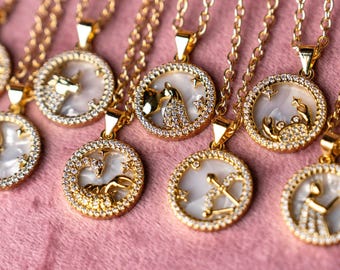 Zodiac Necklace – 18K Gold Plated Horoscope Pendant, Cubic Zirconia