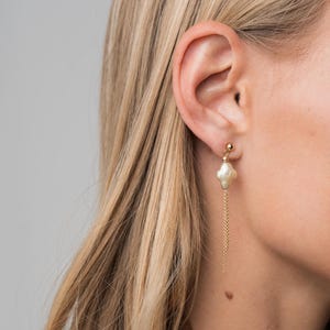 Elegant Freshwater Pearl Cross Dangle Earrings: 18K Gold Plated
