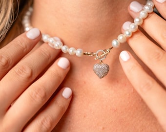 Baroque Freshwater Pearl Necklaces  Gold Toggle Heart Charm Elegant Everyday Luxury Jewelry