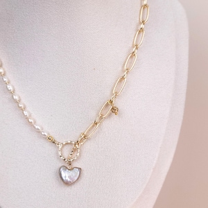 Half Chain Half Pearl Necklace, Fresh Pearl Charm, Toggle Clasp Necklace Paperclip Chain Necklace, Freshwater Pearl Necklace, Birthday Gift
