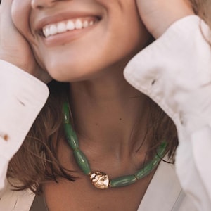 Green Ceramic Beaded Choker: Gold Plated Pearl Charm Necklace