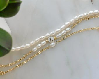 14K Gold Pearl Initial Bracelet: Layering Bracelet Set