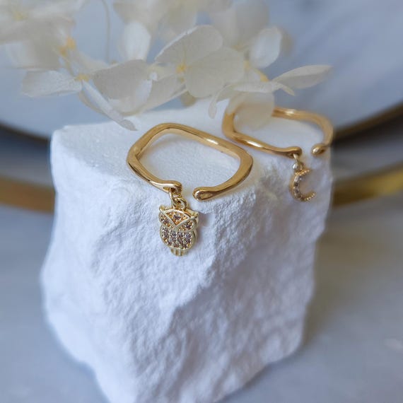 Gold Plated Owl Charm Ring: Dainty Adjustable Moon UK