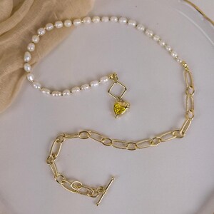 Half Chain Half Pearl Necklace, Zircon Heart Charm, Toggle Clasp Necklace Paperclip Chain Necklace, Freshwater Pearl Necklace, Birthday Gift