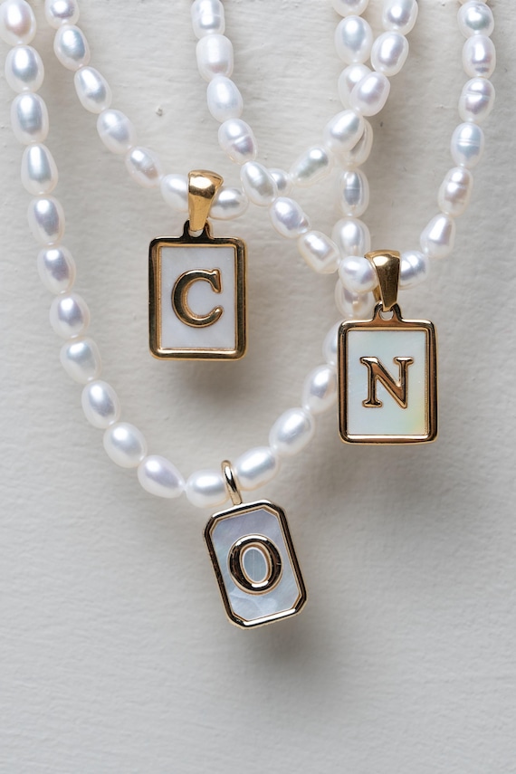 Shell Initial Pearls Pendant, Custom Freshwater Pearl Necklace