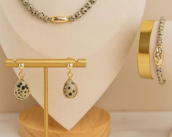 Dalmatian Jasper Jewelry Set – Gold-Plated Necklace, Bracelet & Earrings