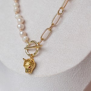 Half Pearls Half Chain Necklace, Gold Leopard Pendant, Freshwater Pearl Beads, Paperclip Chain and Toggle Clasp, Dainty Layered Necklace