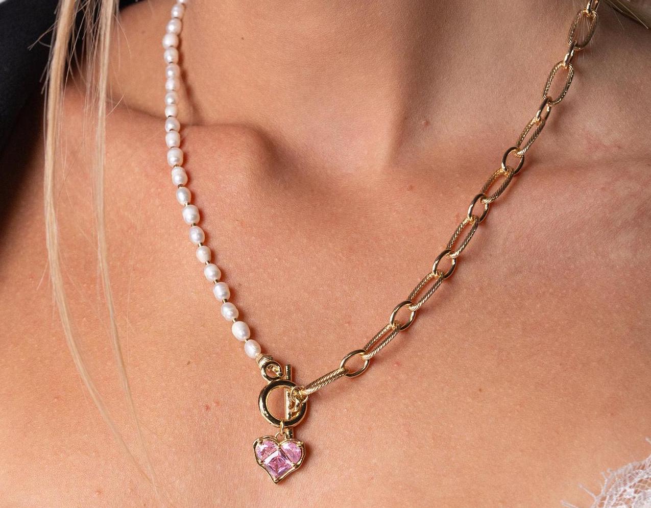 Half Chain Half Pearl Necklace, Pink Zircon Heart Charm