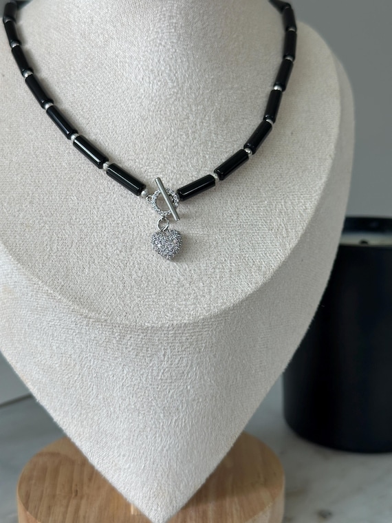 Black Onyx Necklace With Heart Charm, Toggle Clasp, Gothic
