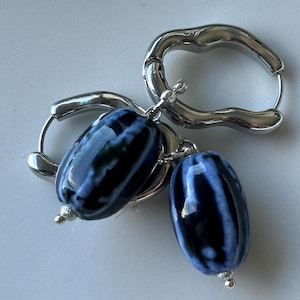 Large Hoop Earrings with Blue Ceramic Pendants, Gold Plated Large Hoops, Dangle Earrings, Elegant Vintage Earrings, Blue Ceramic Earrings