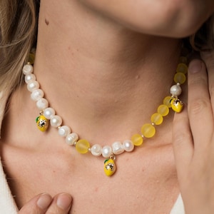 Funky Pearl Necklace with Lemon Charms, Colorful Choker with Natural White Pearls & Yellow Beads, Unique Girls Necklace Unique Gifts for Her