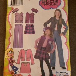 May include: A Simplicity sewing pattern featuring outfits inspired by the TV show "Lizzie McGuire." The pattern includes designs for jackets, skirts, pants, and vests. The package has the show's logo and the text "Watch it on Disney ABC Kids."