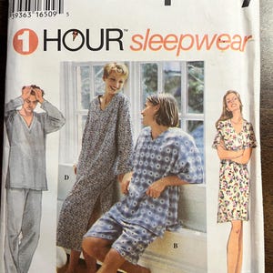 May include: A Simplicity 1 Hour sleepwear sewing pattern envelope featuring illustrations of four different sleepwear styles: a solid grey pyjama set, a long floral nightgown, a blue patterned short set, and a short floral nightgown.