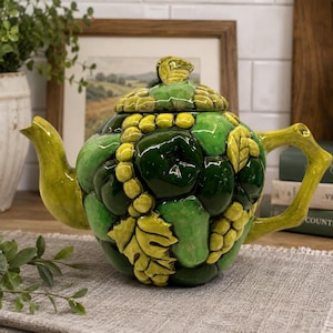 Vintage Grapevine Ceramic Teapot | Green Grape and Vine Relief Tea Pot | Cottagecore Farmhouse Kitchen Decor