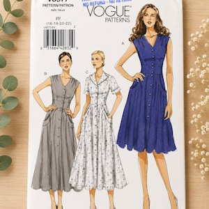 May include: A Vogue Patterns sewing pattern envelope V8577 featuring illustrations of three variations of a button-front dress with a V-neckline, fitted waist, and side pockets. The envelope displays the pattern number, size range FF 16-18-20-22, and a barcode.