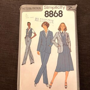 Années 1970 | Simplicité 8868 | Taille 16 | Chemise, pantalon, veste doublée, veste non doublée | Patron de couture | Pliée en usine