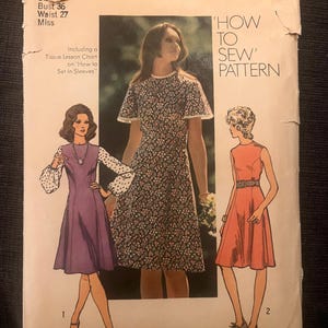 May include: A vintage Simplicity sewing pattern, size 14, with illustrations of dresses. The pattern includes instructions for two figure types and nine sizes. The cover features the text 'How to Sew Pattern'. Bust 91 cm, waist 68.5 cm.