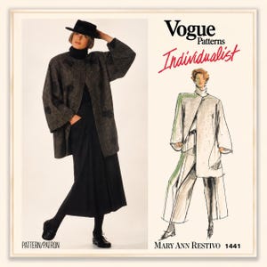 May include: A woman in a dark grey coat, black turtleneck, and black skirt. The image features a Vogue Patterns advert with the text "Vogue Patterns Individualist" and "Mary Ann Restivo 1441".