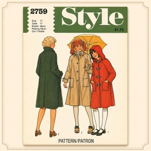 Peut inclure: Une pochette de patron de couture Style numéro 2759 pour la taille 17 avec un tour de poitrine de 66cm. L'illustration montre trois manteaux : un manteau vert foncé, un manteau beige avec un parapluie jaune et un manteau rouge à capuche.