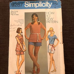 Anni '70 / Simplicity 9287 / Taglia 11-12 / corto e top / Modello di cucito / Completare e tagliare / come cucire il modello / jr teen