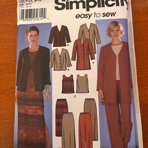 May include: Simplicity sewing pattern 7099 for jackets, skirts, and trousers. The pattern envelope shows illustrations of the finished garments in different colours. The text "easy to sew" is displayed prominently.