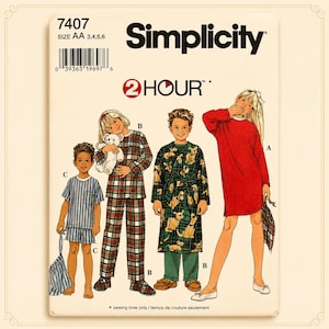 May include: Simplicity sewing pattern 7407, size AA 3, 4, 5, 6. The envelope features illustrations of children wearing pyjamas, a robe with a dog print, and a long-sleeved nightgown. Text includes 2 HOUR, Simplicity, and 7407.