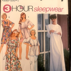 May include: Simplicity pattern for 3-hour sleepwear. The package shows illustrations of different sleepwear designs, including a floral print dress, a striped nightgown, and a white nightdress. The text "3 HOUR sleepwear" is displayed.