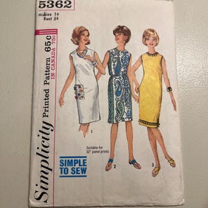 May include: Vintage Simplicity sewing pattern 5362. The pattern features three dress designs. The cover shows illustrations of the dresses in white, blue paisley, and yellow. The text includes "Simple to Sew" and "Missize 14 Bust 86cm".