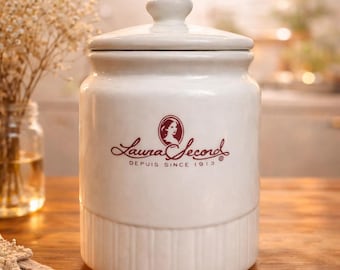Tarro de cerámica vintage Laura Secord con tapa / Hecho en Canadá / Decoración rústica / Bote blanco retro / Objeto de colección para la cocina