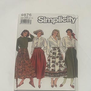 May include: Simplicity sewing pattern 9876, size H5 (6-14). The package features illustrations of women wearing skirts and blouses. The package has a white background with the Simplicity logo in black.