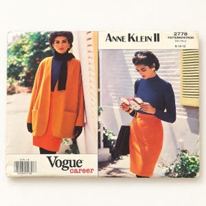 May include: A Vogue Career sewing pattern envelope for Anne Klein II design 2778, sizes 8-10-12. The cover features two images of a model wearing a dark blue mock neck top, an orange skirt, and an orange open-front jacket with two patch pockets.