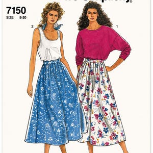 Peut inclure: Une pochette de patron de couture Simplicity 7150 pour tailles 8-20, illustrant deux tenues. L'une présente un débardeur blanc avec une jupe à motifs floraux bleus, l'autre un haut magenta à manches longues avec une jupe blanche à fleurs colorées.
