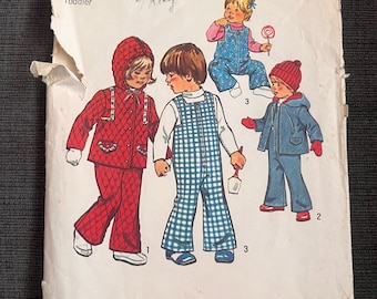 Vintage sewing pattern|  1974 Toddler bell-bottom overalls | hooded jacket | Simplicity 6636 | Size 2