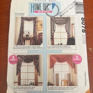 May include: A McCall's Home Dec sewing pattern envelope, number 8078, featuring four distinct window treatment designs. The white envelope displays illustrations of full-length swags, sheer panels, rosettes, and jabot valances with text.