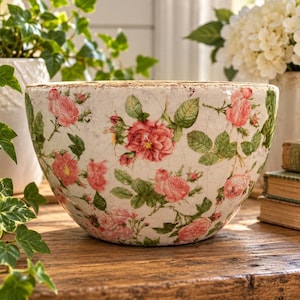 Bombay Floral Rose Planter | Large Vintage Ceramic Cachepot | Pink Roses Chintz Pot | Cottagecore Grandmillennial Decor
