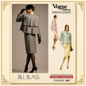 May include: A Vogue Patterns American Designer sewing pattern envelope for Bill Blass design 1957. The cover features a grey two-piece suit with a tiered jacket and skirt, plus illustrations of a pink suit and a light green jacket with a yellow skirt.
