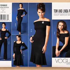 Może przedstawiać: Koperta z wykrojem krawieckim Vogue American Designer V2882 autorstwa Toma i Lindy Platt, przedstawiająca czarne sukienki i kombinezony z dekoltami typu off-shoulder lub z wycięciami na ramionach. Opakowanie prezentuje warianty oznaczone od A do F.