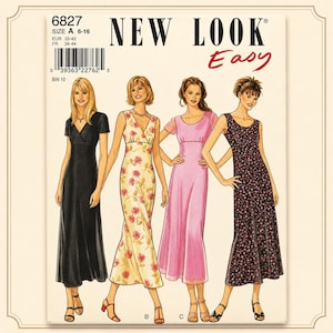 Könnte beinhalten: New Look Schnittmuster 6827 für vier Varianten eines bodenlangen Kleides. Die Abbildungen zeigen ein einfarbig schwarzes Kleid, ein cremefarbenes Kleid mit rosa Blumenmuster, ein einfarbig rosa Kleid und ein schwarzes Kleid mit kleinem rosa-weißem Blumenmuster.