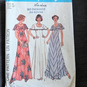 May include: A Simplicity 7434 sewing pattern envelope for a size 16, 38-inch bust dress. The cover features illustrations of three floor-length dresses with flutter sleeves and scoop necklines in floral, solid white, and striped fabric patterns.