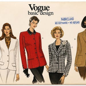 May include: Vogue basic design sewing pattern 1643 showing four jacket designs. The pattern includes a white blazer, a red jacket with a black collar, a black and white checkered jacket, and a tan blazer. The text "FABRICLAND NO EXCHANGE NO REFUND" is visible.