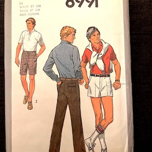 May include: Vintage Simplicity pattern 8991 featuring illustrations of men's clothing designs. The pattern includes measurements: waist 34 inches, 87 cm. The cover has the text "PATTERN/PATRON Simplicity" and the price "$2.10".