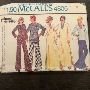 May include: Vintage McCall's 4805 sewing pattern. The pattern features designs for Misses' and Men's caftans or tops and pants. The cover shows illustrations of the finished garments in various patterns and colors. Size 10.