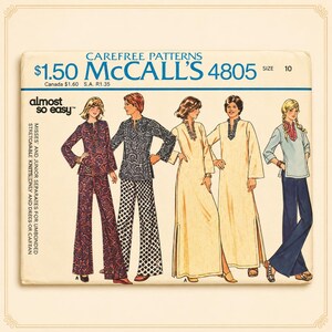 Peut inclure: Une pochette de patron de couture vintage McCalls 4805 taille 10, illustrant cinq tenues différentes incluant des tuniques, des pantalons et des caftans avec divers motifs et couleurs unies, marquée Carefree Patterns et Almost So Easy.