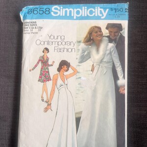 May include: A vintage Simplicity sewing pattern with illustrations of women's dresses and a man in a suit. The pattern includes the text "Young Contemporary Fashion" and size details. The cover is white and blue.