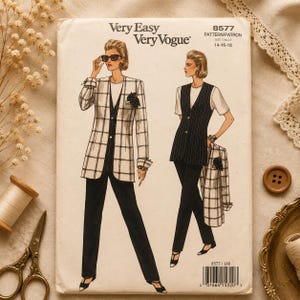 May include: A Very Easy Very Vogue sewing pattern envelope 8577 for sizes 14-16-18. The illustration shows two outfits: a white plaid blazer over a dark vest and trousers, and a dark pinstriped vest over a white top and dark trousers.