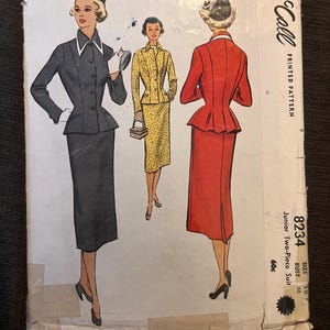 May include: Vintage McCall's printed pattern for a junior two-piece suit. The cover shows illustrations of women in a grey, yellow, and red suit. The pattern number is 8234, with a bust size of 84 cm.