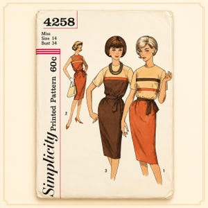 May include: A Simplicity 4258 sewing pattern envelope for a Miss size 14, bust 34 dress. The illustration shows three variations of a knee-length dress with short sleeves, a belted waist, and colour-blocked designs in shades of brown, orange, and cream.