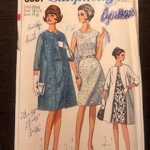 May include: Vintage Simplicity sewing pattern, number 6387, featuring three dress designs. The pattern includes measurements for a half-size, bust 99 cm. The cover art depicts illustrations of the dresses, suitable for lace, eyelet, and sheers.
