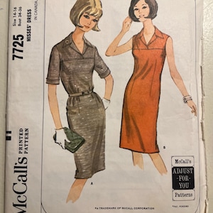 May include: Vintage McCall's printed sewing pattern 7725 for Misses' dresses. The pattern features illustrations of two dresses: a short-sleeved gray dress with a belt and a sleeveless orange dress. The pattern size is 14-16, bust 34-36.