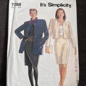 May include: A vintage sewing pattern titled "It's So Easy" by "it's Simplicity." The pattern features illustrations of two women wearing suits. The pattern number is 7388, and the size range is 8-20.